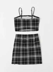 SHEIN Girls Plaid Cami Top & Split Hem Skirt Set - Black - View 2