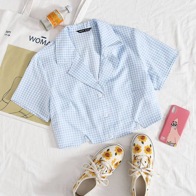 

Button Front Notched Collar Gingham Blouse, Baby blue