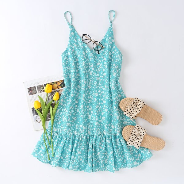 

Ditsy Floral Ruffle Hem Cami Dress, Mint blue
