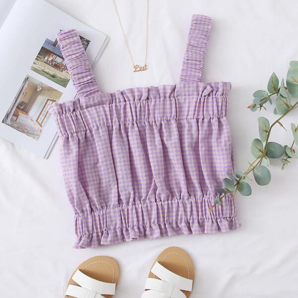 

Frill Trim Gingham Crop Cami Top, Lilac purple