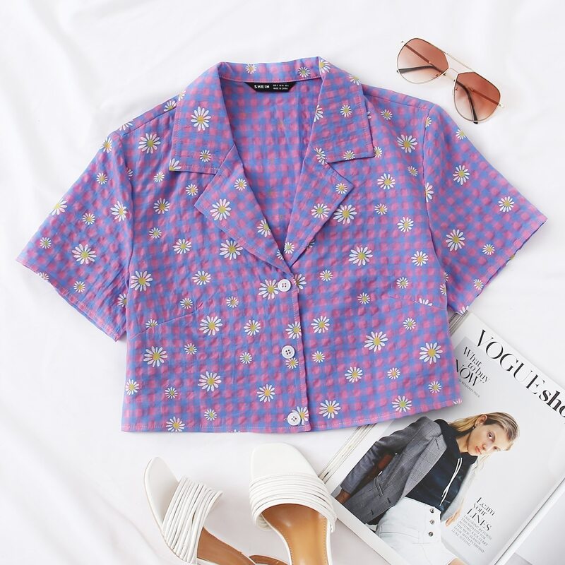 

Notched Collar Gingham & Daisy Floral Blouse, Violet purple