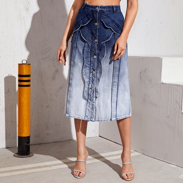 

Button Front Ruffle Trim Ombre Denim Skirt, Multicolor