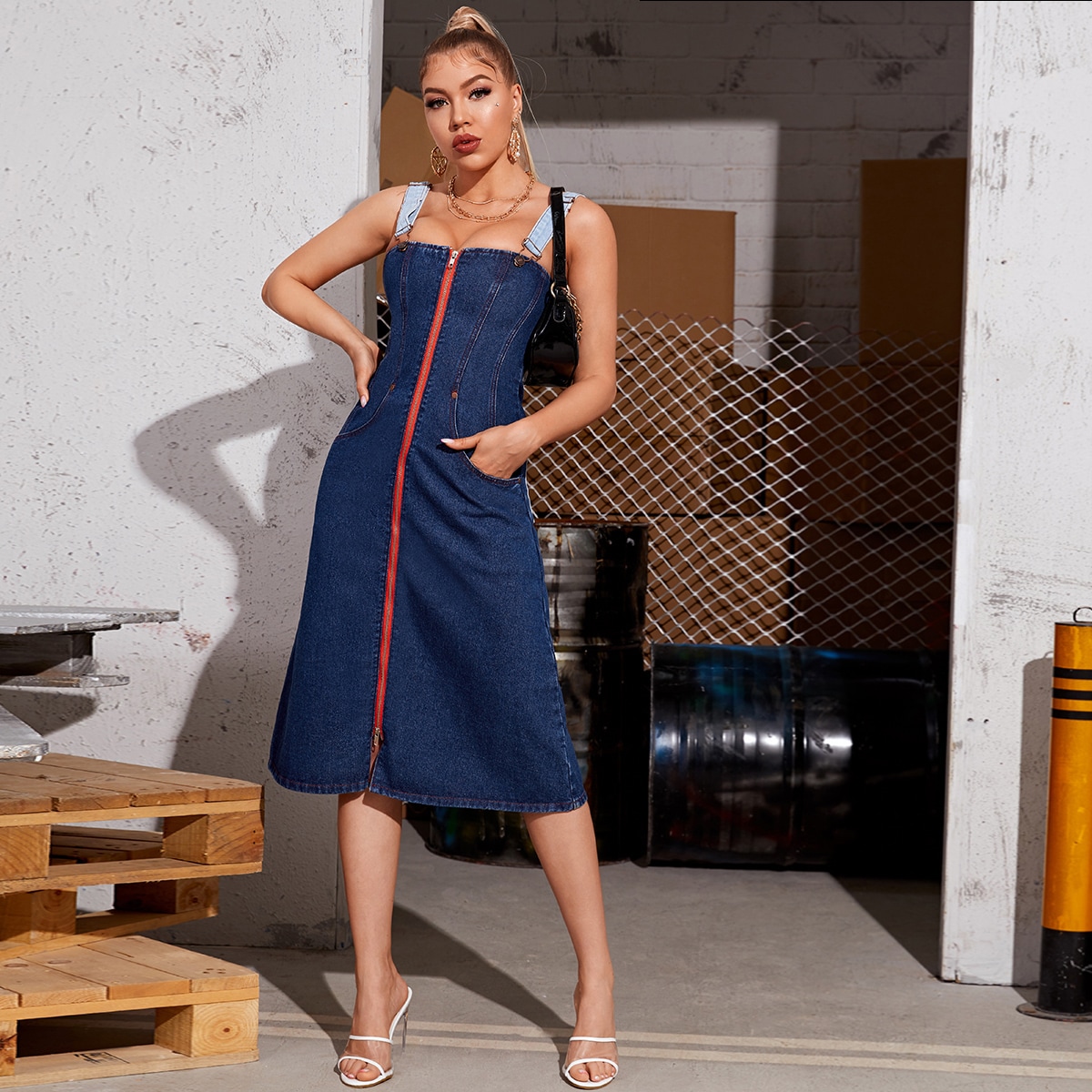 Image of Contrast Strap Zip Front Denim Dress