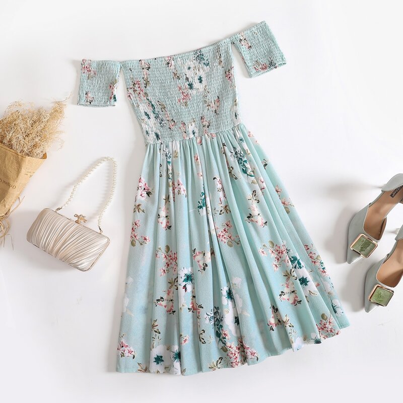 

Floral Off Shoulder Shirred Dress, Mint green