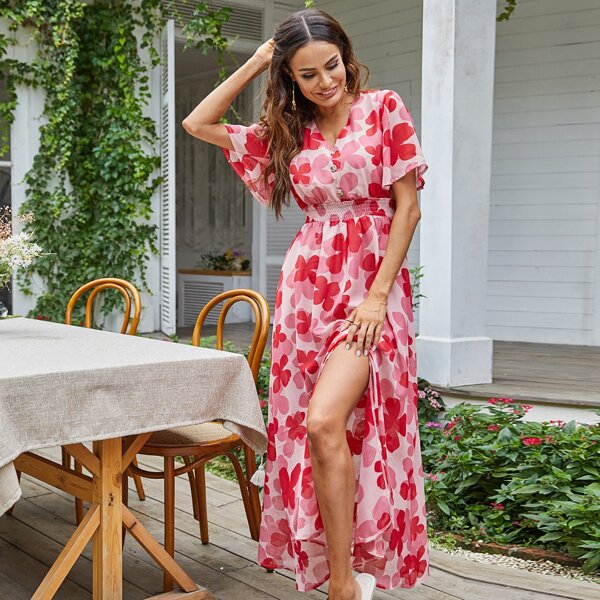 

Allover Floral Shirred Waist Dress, Multicolor