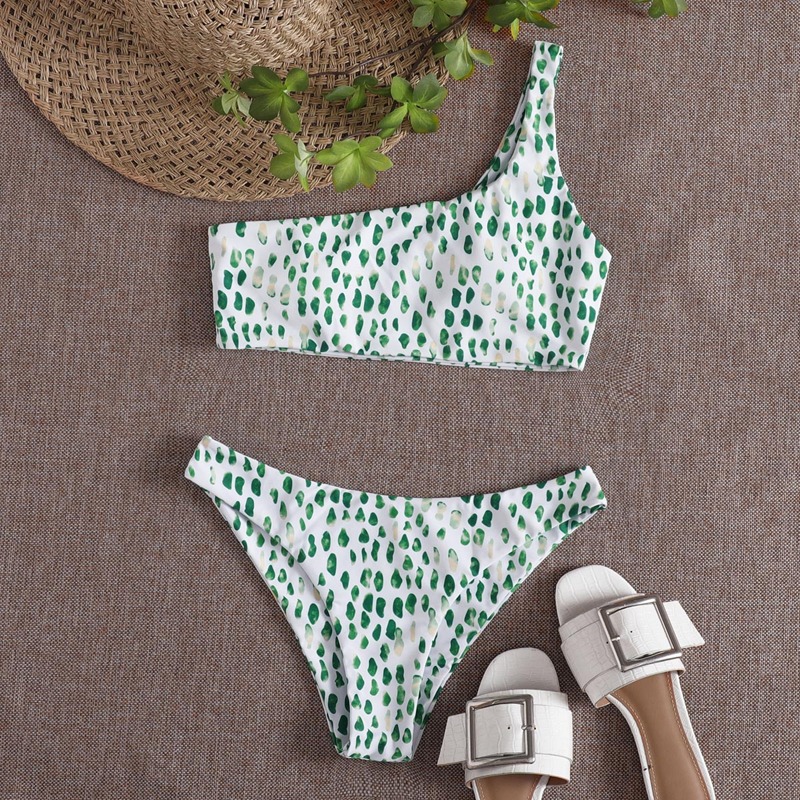 

Allover Print One Shoulder Bikini Swimsuit, Green