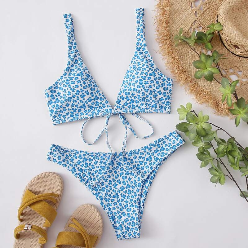 

Leopard Tie Back Bikini Swimsuit, Blue and white