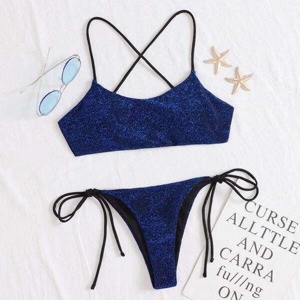 

Glitter Tie Side Bikini Swimsuit, Navy blue