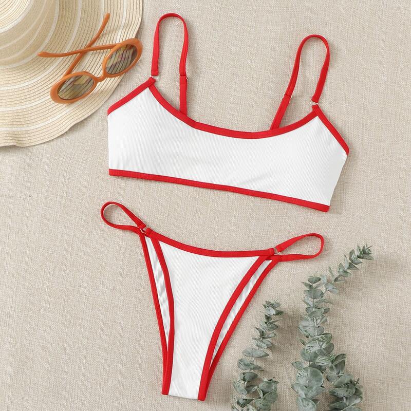 

Rib Contrast Binding Thong Bikini Swimsuit, White