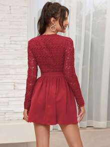 Double Crazy 深v緹花蕾絲上身溜冰連衣裙 - 玫瑰紅 - 查看 2
