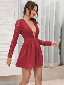 Double Crazy 深v緹花蕾絲上身溜冰連衣裙 - 玫瑰紅 - 查看 6