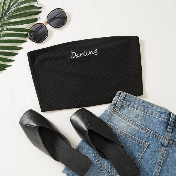 

Letter Embroidery Tube Top, Black