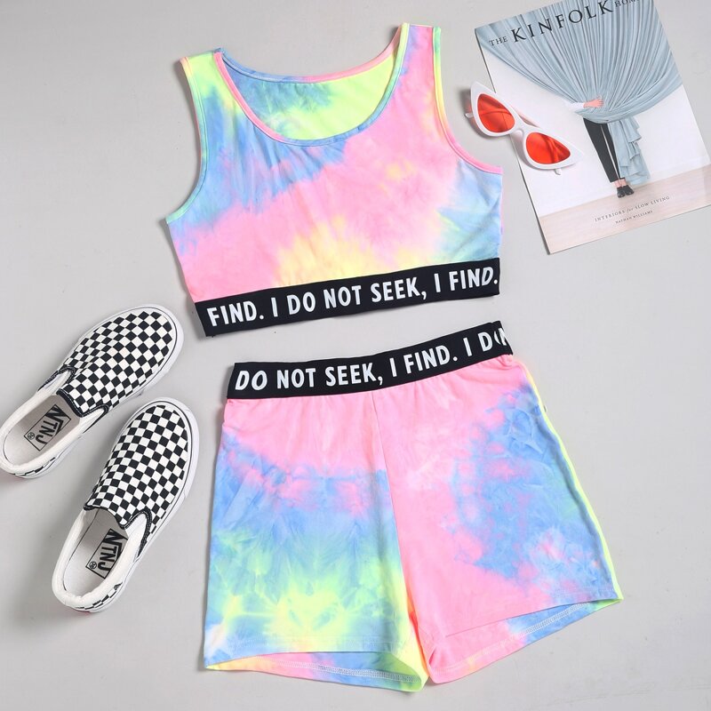 

Slogan Tape Tie Dye Tank Top & Shorts, Multicolor