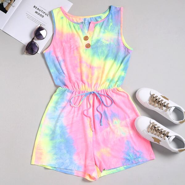 

Tie Dye Tie Front Tank Romper, Multicolor