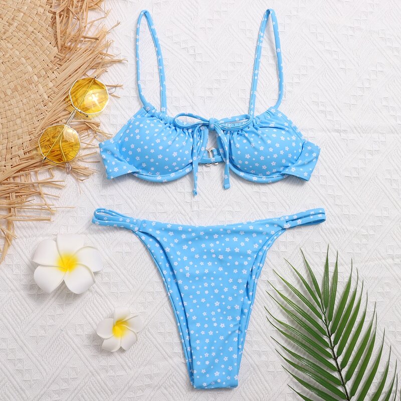 

Ditsy Floral Knot Front Underwire Bikini Swimsuit, Blue