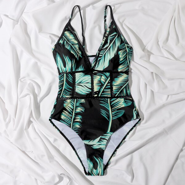 

Tropical Hollow-out Detail One Piece Swimsuit, Multicolor