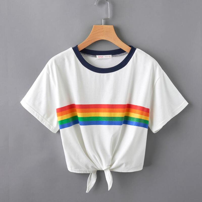 

Rainbow Striped Ringer Tee, White