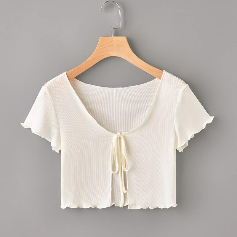 

Lettuce Edge Tie Front Crop Top, Apricot