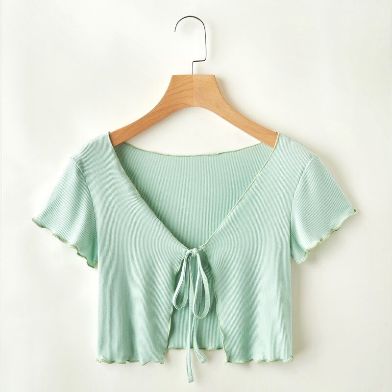 

Lettuce Trim Tie Front Crop Top, Mint green
