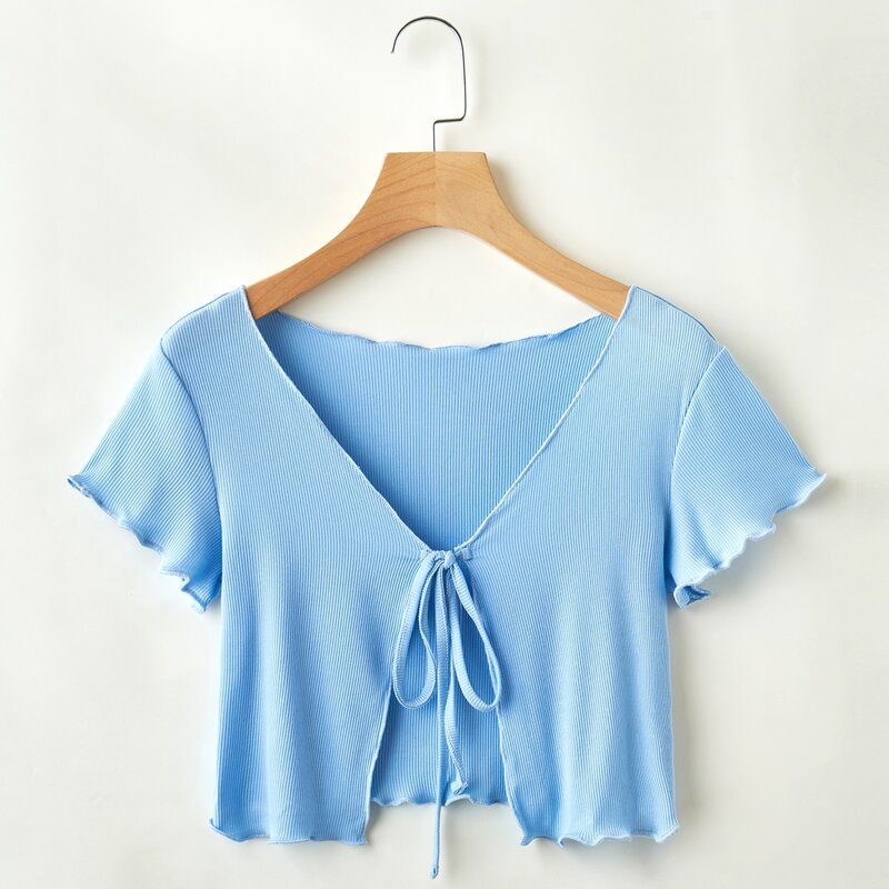 

Tie Front Lettuce Trim Crop Top, Baby blue