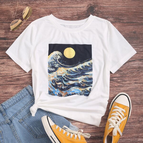 

Moon & Wave Print Tee, White
