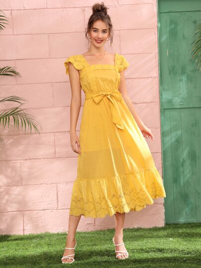 Ruffle Armhole Flounce Hem Belted Swiss Dot Dress