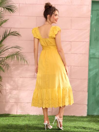 Ruffle Armhole Flounce Hem Belted Swiss Dot Dress