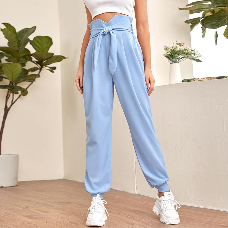 

Notched Waistband Self Belted Pants, Pastel baby blue