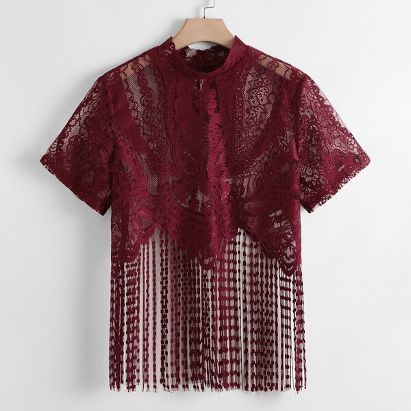 

Plus Fringe Hem Sheer Lace Top, Burgundy
