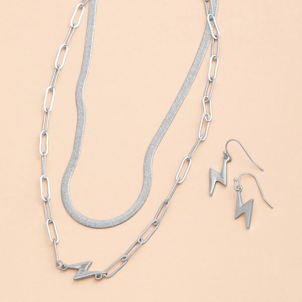 

Two Layered Necklaces And Thunderbolt Earrings, Silver
