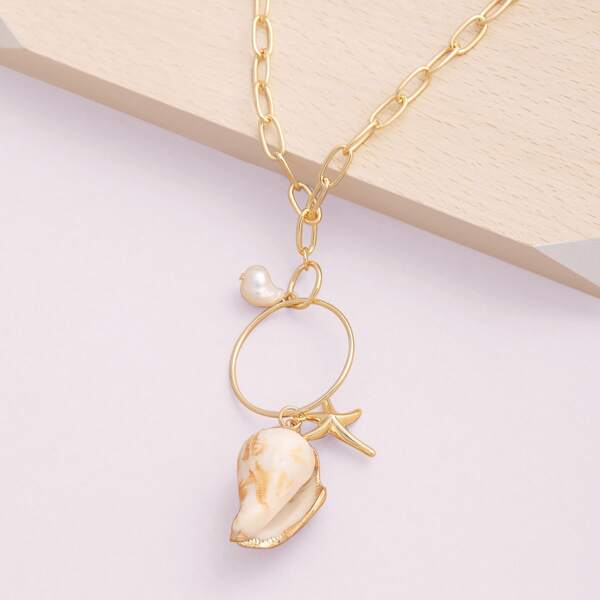 

Cone Shell And Pearl Pendant Chain Link Necklace, Gold