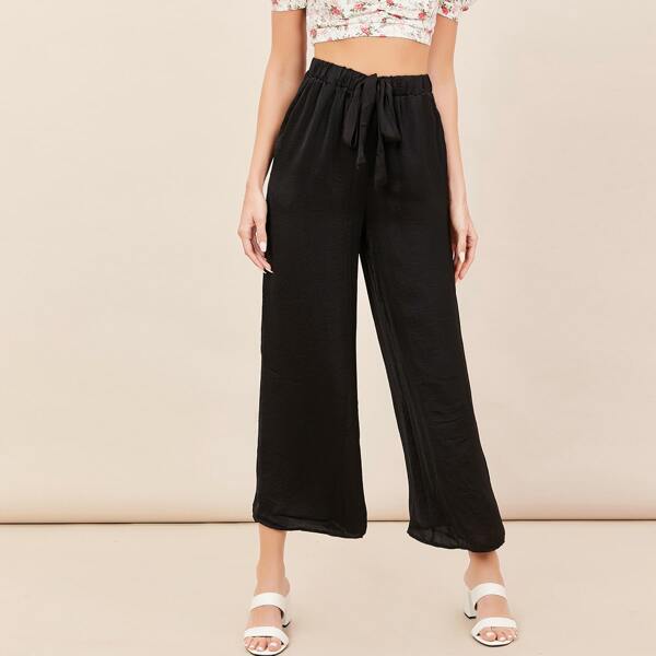

Elastic Waist Wide Leg Satin Pants, Black