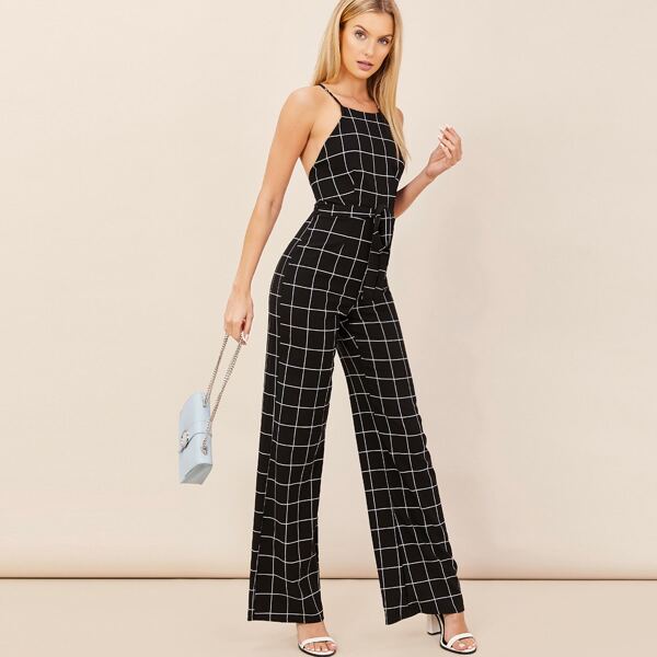 

Cross Straps Sleeveless Grid Waist Tie Jumpsuit, Black