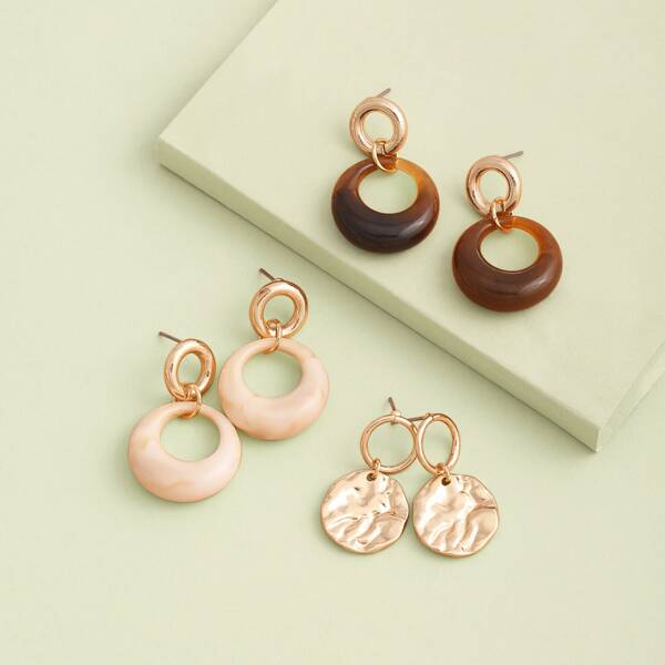 

3pair Mini Hoop And Marble Hoop Earrings, Multicolor