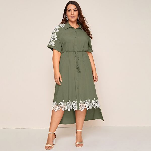 

Plus Guipure Lace Trim Self Belted Split Side Dip Hem Shirt Dress, Army green