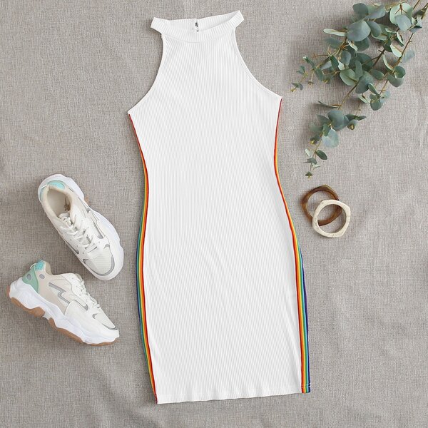 

Rainbow Striped Side Rib-knit Dress, White