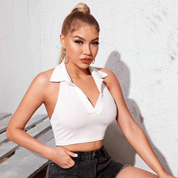 

Button Front Rib-knit Halter Top, White