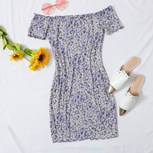 

Ditsy Floral Print Off Shoulder Dress, Lilac purple