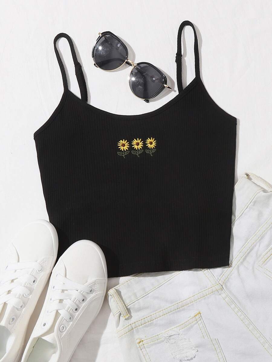 SHEIN Sunflower Embroidered Rib-knit Crop Cami Top - Black - View 1