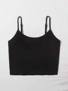 SHEIN Sunflower Embroidered Rib-knit Crop Cami Top - Black - View 2