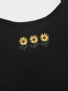 SHEIN Sunflower Embroidered Rib-knit Crop Cami Top - Black - View 4