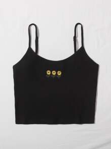 SHEIN Sunflower Embroidered Rib-knit Crop Cami Top - Black - View 5
