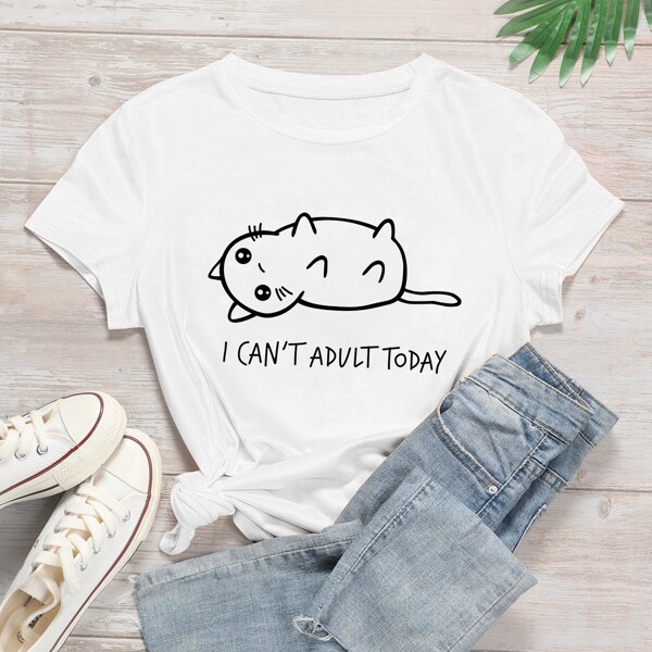 

Cartoon And Slogan Graphic Tee, White