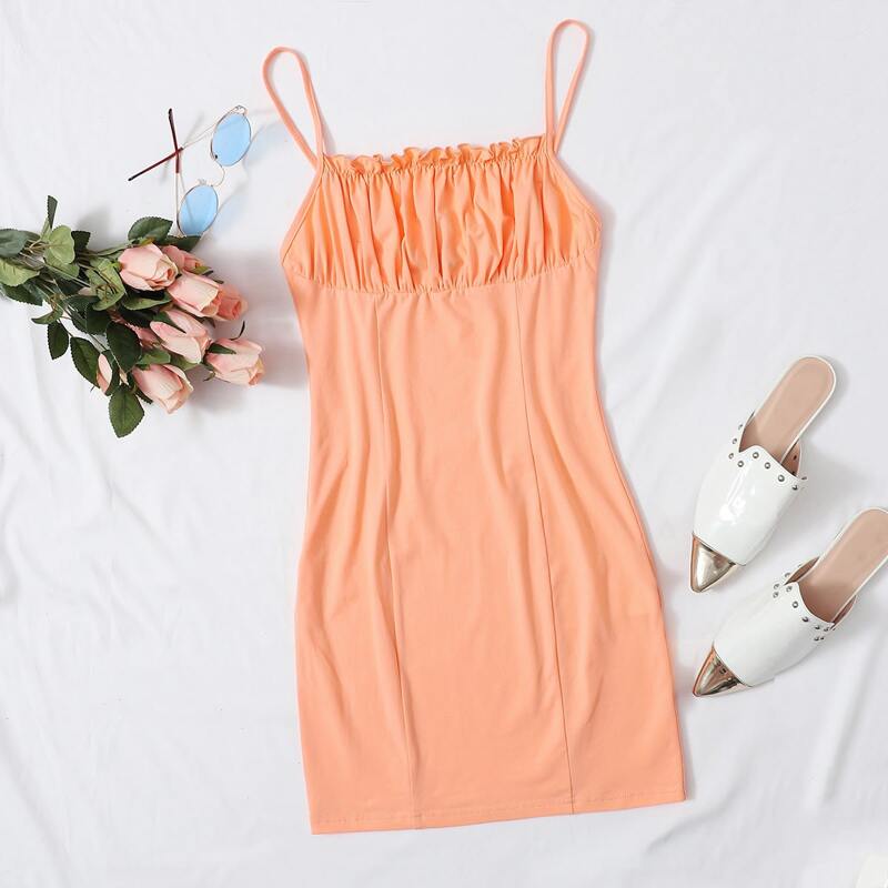 

Frill Trim Ruched Bust Dress, Coral orange