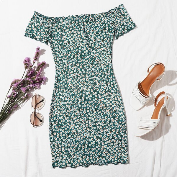 

Ditsy Floral Lettuce Trim Bardot Dress, Dark green