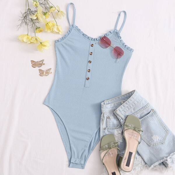 

Button Front Frill Trim Cami Bodysuit, Pastel dusty blue