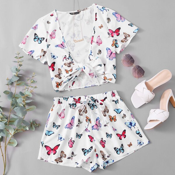 

Butterfly Print Tie Front Crop Top and Shorts Set, White