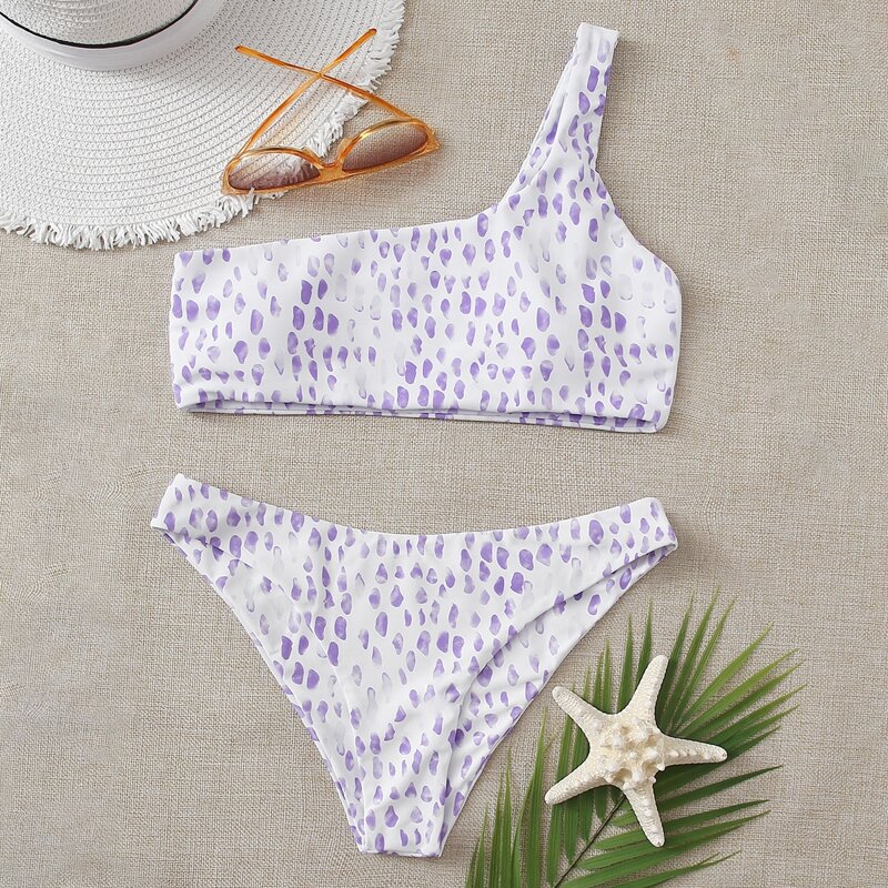 

Allover Print One Shoulder Bikini Swimsuit, Lilac purple