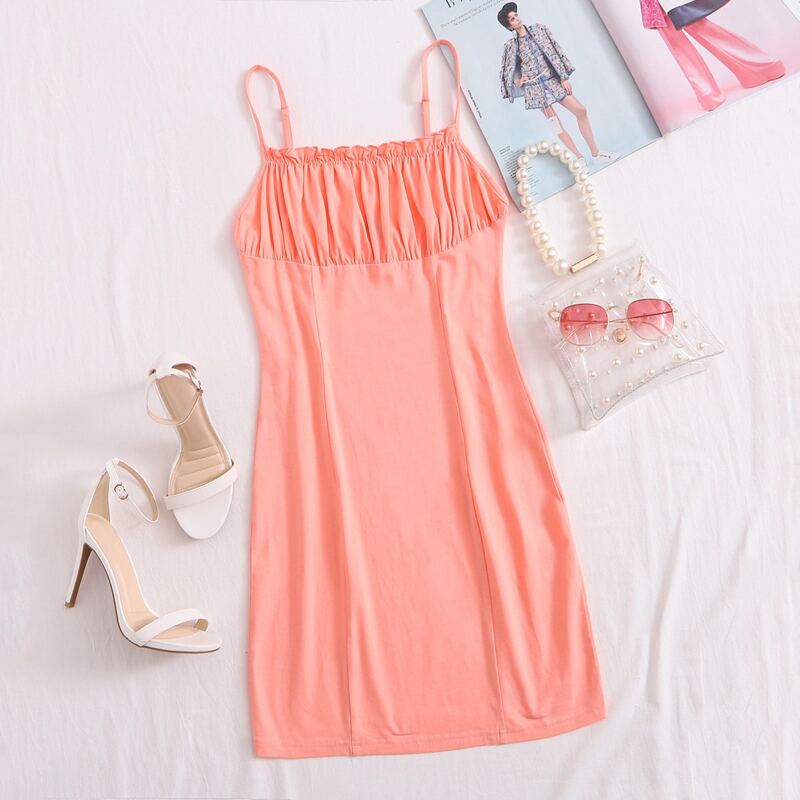 

Frill Trim Ruched Bust Solid Dress, Pastel coral pink