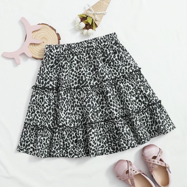 

Girls Leopard Print Layered Skirt, Black and white